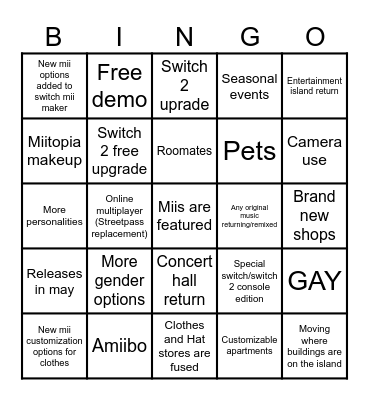 Tomodachi Life Direct BINGO Card