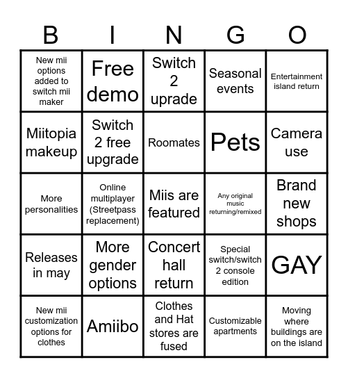Tomodachi Life Direct BINGO Card