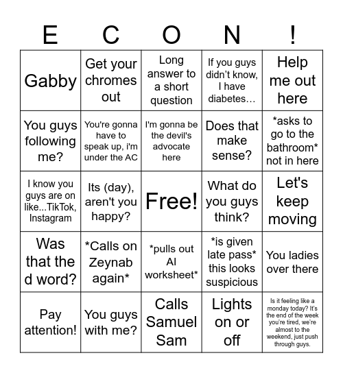 Econ Bingo Card