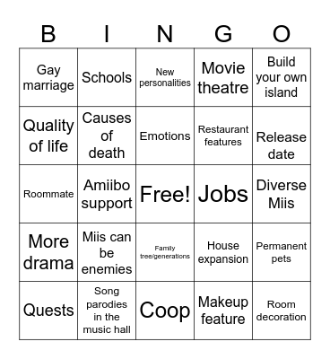 Tomodachi Life Bingo Card