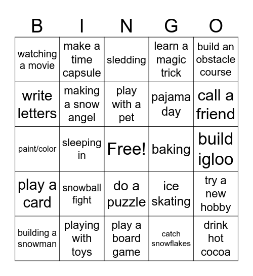 Snow Day Bingo Card