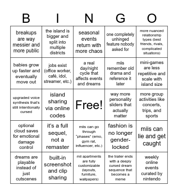 TOMODACHI LIFE: LIVING THE DREAM Bingo Card