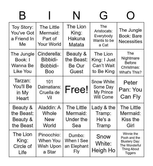 Disney song Bingo Card