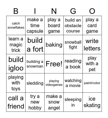 Snow Day Bingo Card