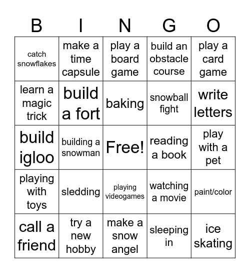 Snow Day Bingo Card