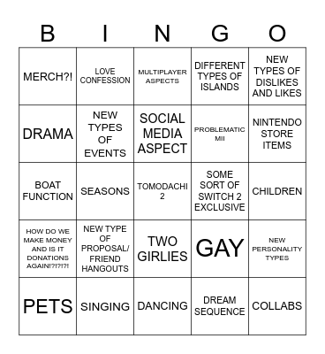 TOMODACHI LIFE 2 Bingo Card