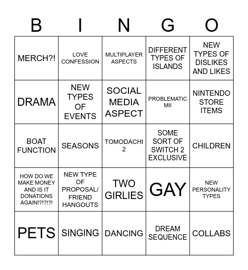 TOMODACHI LIFE 2 Bingo Card