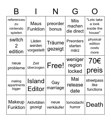 Tomodachi life direct Bingo Card