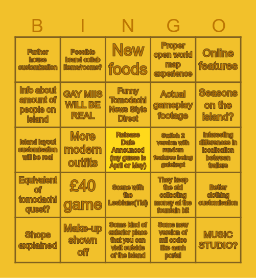 Tomodachi Life: Livin' the Dream Direct Bingo Card