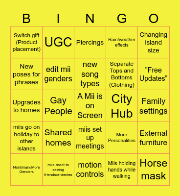 Tomodachi Life!!!! Bingo Card