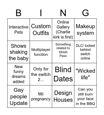 Tomodachi life Bingo Card
