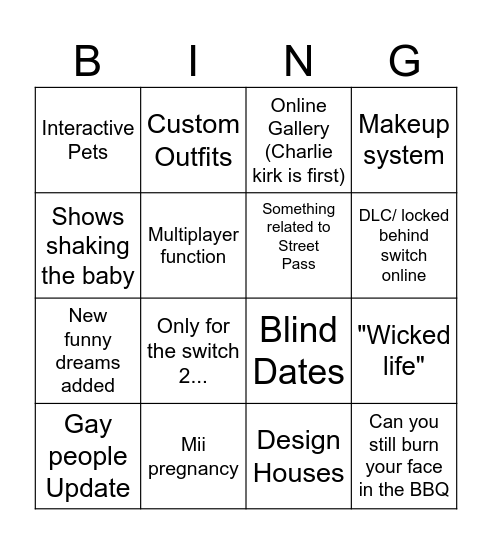 Tomodachi life Bingo Card