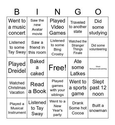 Winter Activities Bingo Card