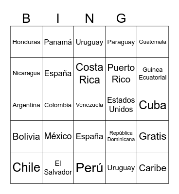 Spanish Speaking Countries Bingo Card