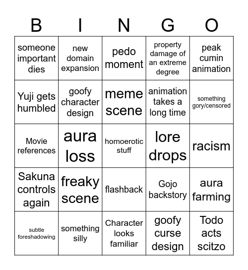 JJK s2 Bingo Card