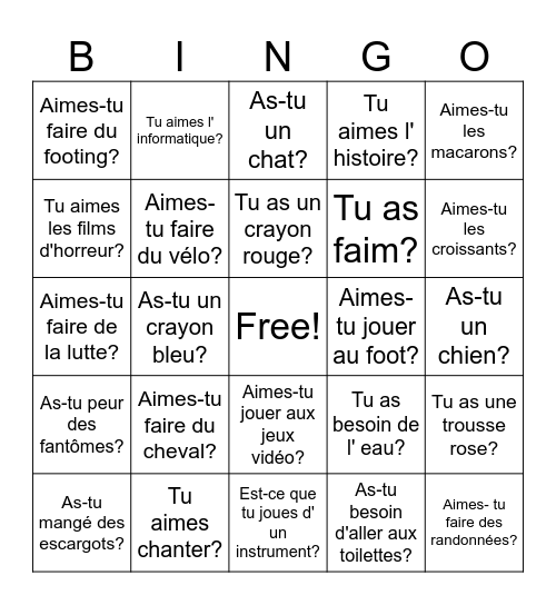 French 1B review getting to know you bingo Card