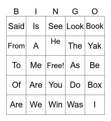 Heart Word Bingo Card