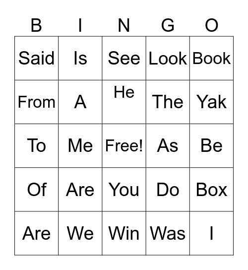 Heart Word Bingo Card