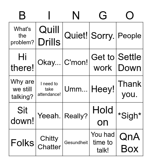 Mrs. Smith One Liner BINGO Card