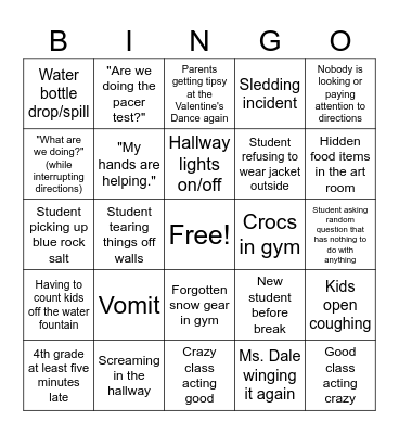 Week Before Break Bingo Card