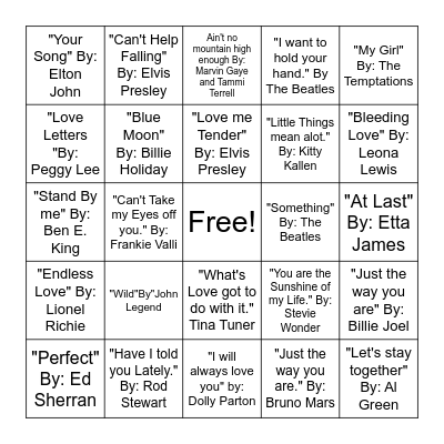 Love Song Bingo Card