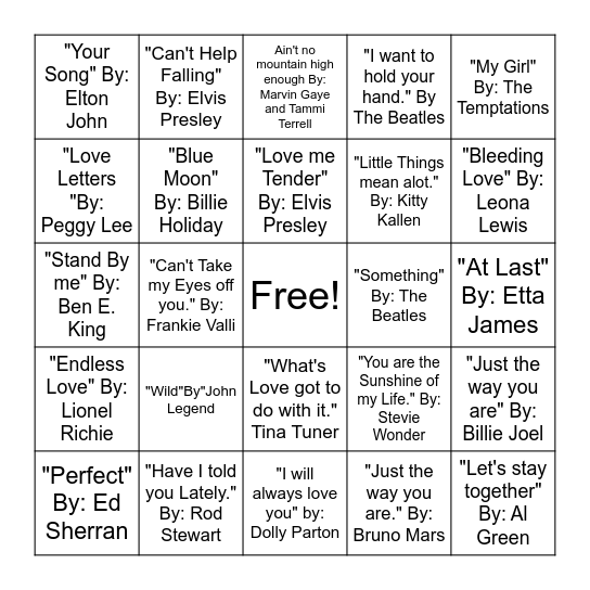 Love Song Bingo Card