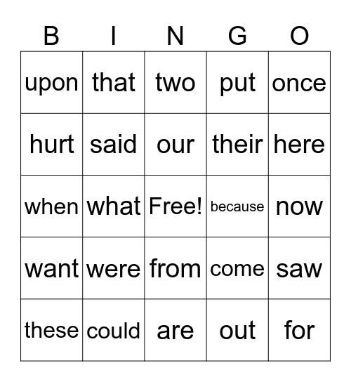 Unit #4 High Frequency Words Bingo Card