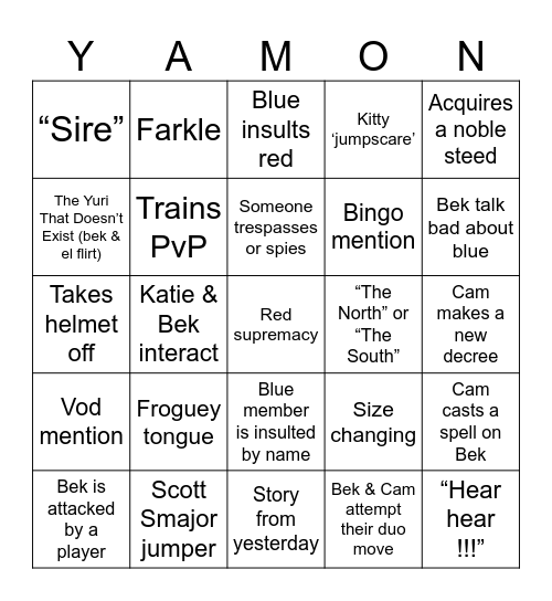 Ser Bingo of House Yamon Bingo Card
