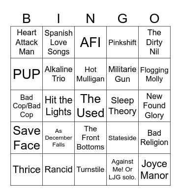 Warped Tour Bingo Card