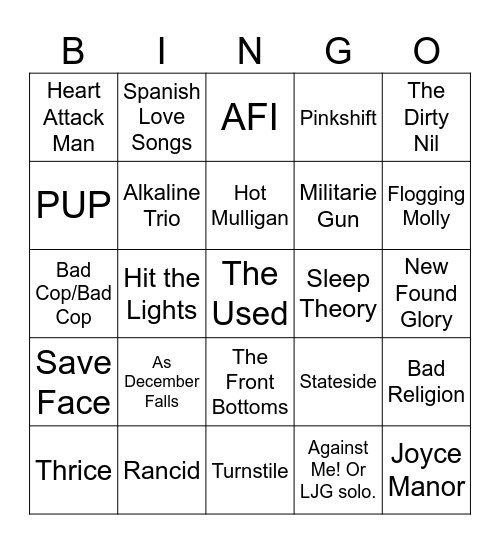 Warped Tour Bingo Card