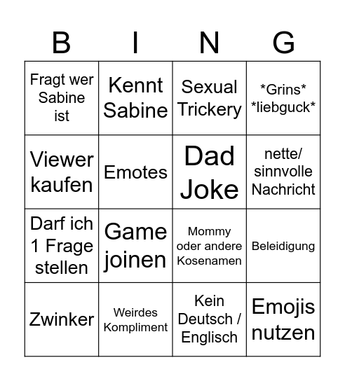 First Time Chatter Bingo Card