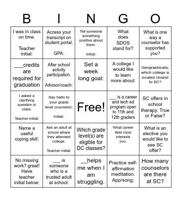 School Counseling Week BINGO Card
