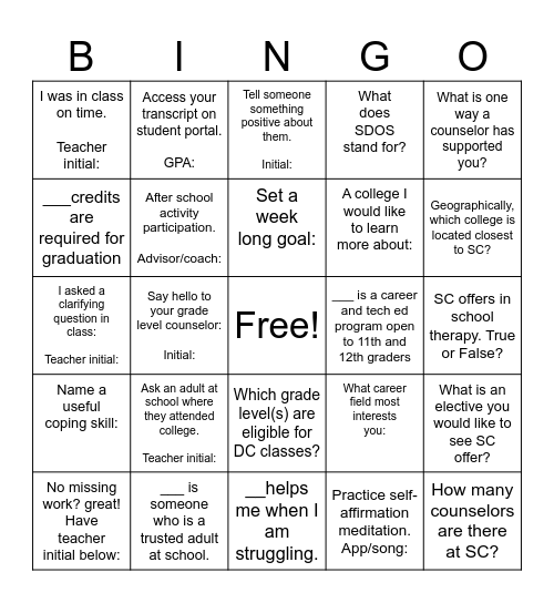 School Counseling Week BINGO Card
