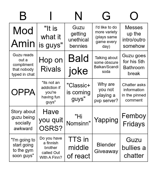 Guzu Stream Bingo Card Bingo Card