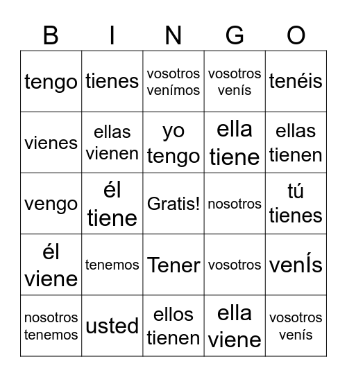 Spanish bingo Card