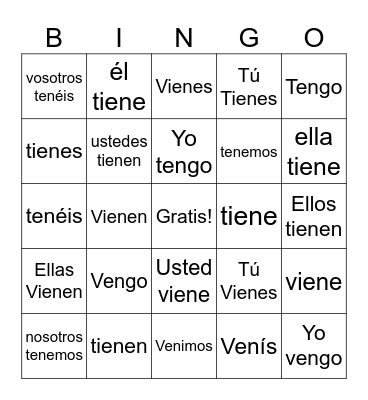Spanish Bingo Game Bingo Card