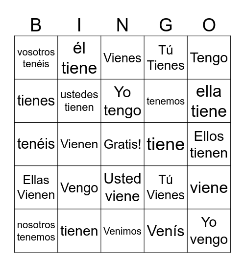 Spanish Bingo Game Bingo Card