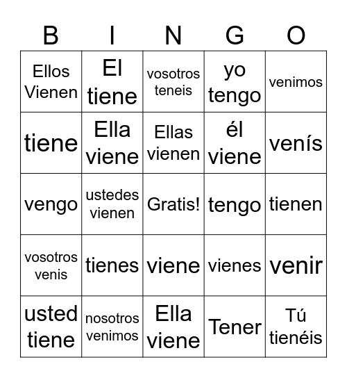 Tener/ Venir Bingo Card
