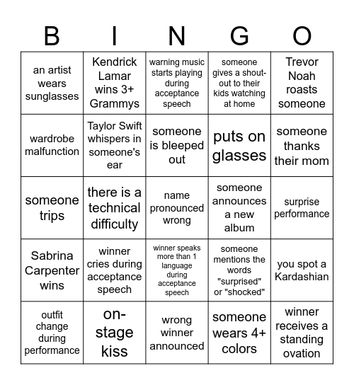 Shadow's Grammy Bingo Card