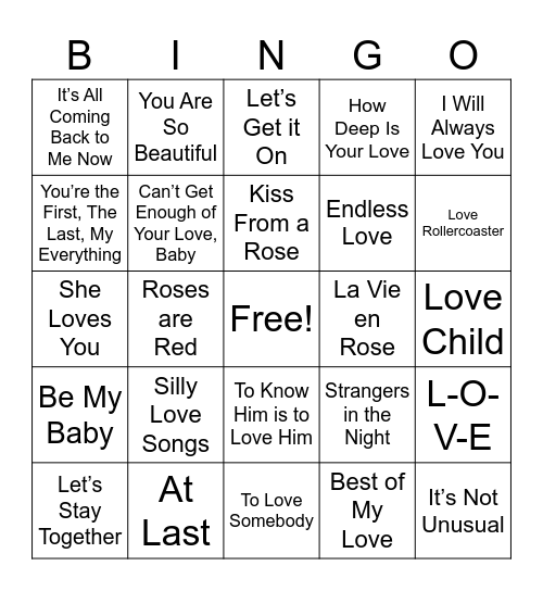 Classic Love Songs Bingo Card