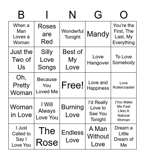 Classic Love Songs Bingo Card
