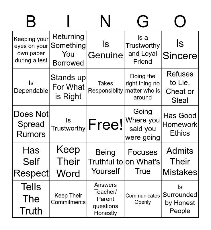 Honesty Bingo Card