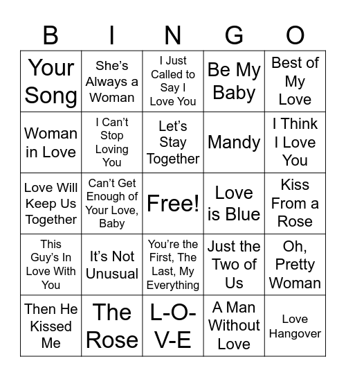 Classic Love Songs Bingo Card