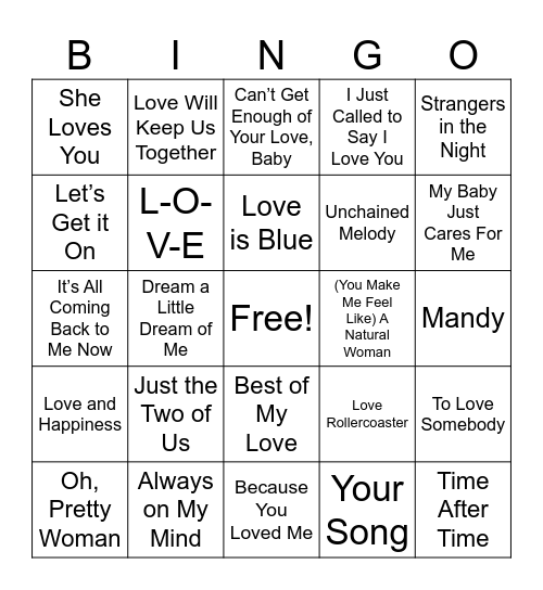 Classic Love Songs Bingo Card