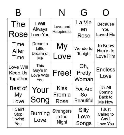 Classic Love Songs Bingo Card