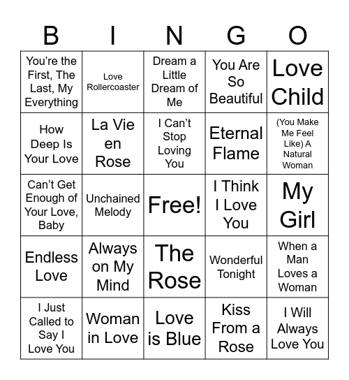 Classic Love Songs Bingo Card