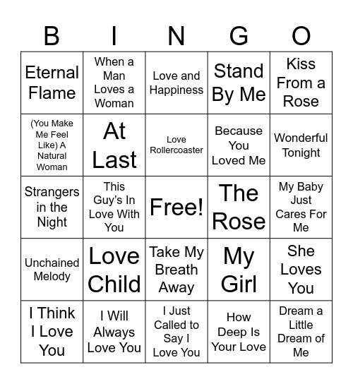 Classic Love Songs Bingo Card