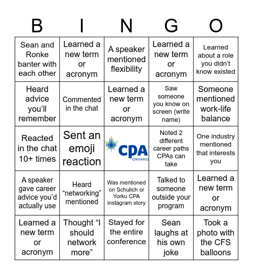 CFS WATCHPARTY BINGO              Schulich x YorkU Bingo Card