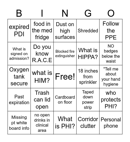 Joint commission Bingo Card