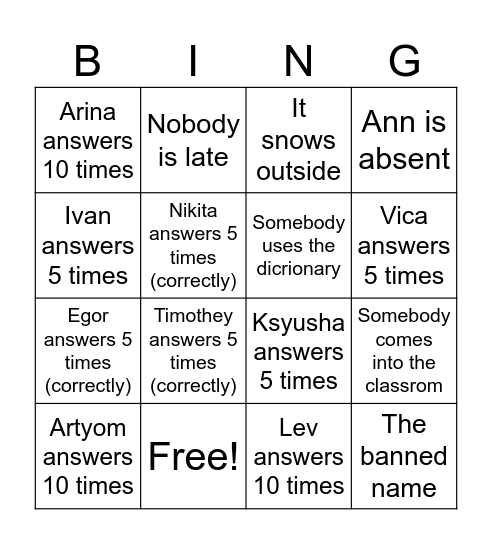 10 A Bingo Card
